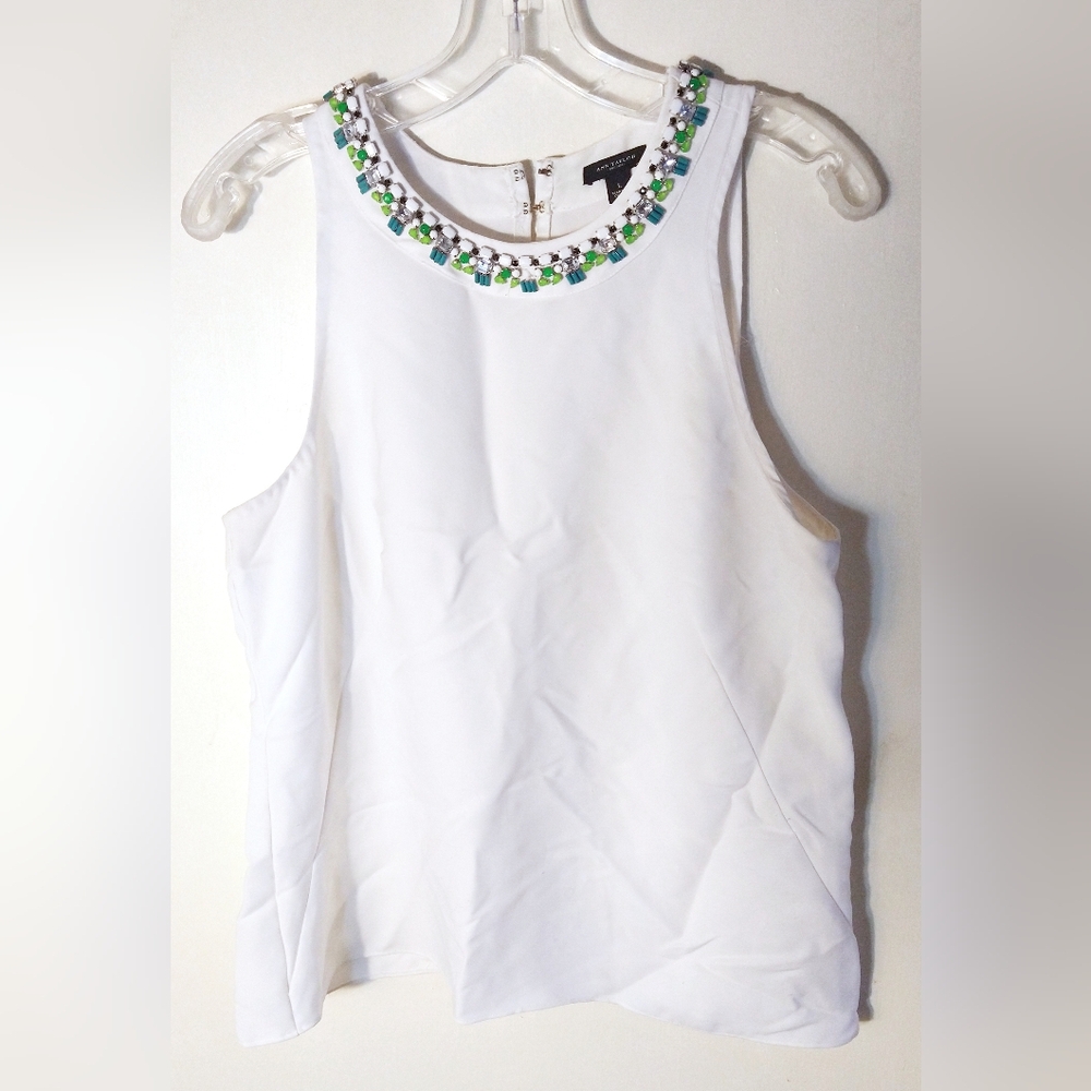 ANN TAYLOR WOMEN'S SIZE L WHITE SLEEVELESS TOP/TANK BEADED NECKLINE GR8 CONDITIO